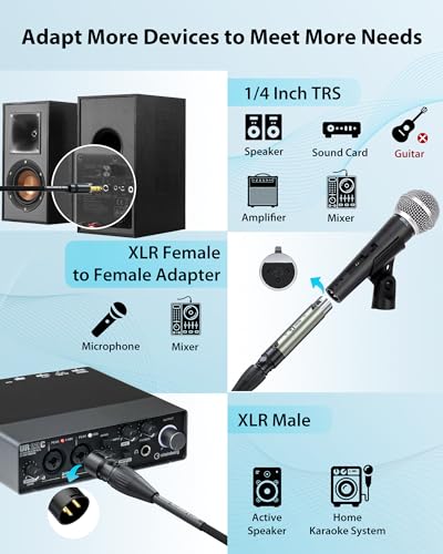 AA AUDIO ACCESSORY XLR Male to 1/4 Cable with XLR Female to Female Adapter Bundle, Rean Connectors from Neutrik, Kevlar-Reinforced Nylon Braided TRS Cable, Balanced Quarter Inch Cord, 10ft, OFC - size: 10ft, style: XLR Male to 1/4 & XLR Adapter
