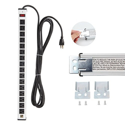 20 Outlet Heavy Duty Metal Socket Power Strip,15-Foot Long Extension Cord with Circuit Breaker. Mounting Brackets Included,Workshop/Industrial use,ETL Certified - size: 127cm
