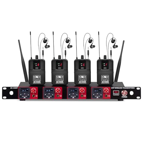 Galaxy Audio Quad Wireless in-Ear Monitor System, 508-535 MHz Frequency Range, 4-Transmitter 1U Rackmount Unit, 16 Selectable UHF Channels, Includes 4 Bodypack Receivers and EB5 Earbuds - AS4400M3