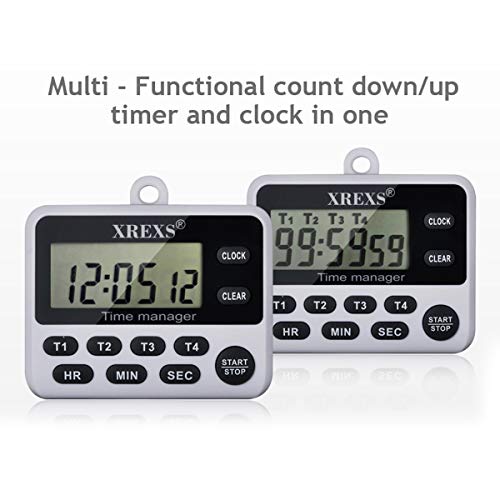 XREXS 4 Channel Digital Kitchen Timer Clock with Large LCD Display | 4 Groups Simultaneous Timing Countdown Up Pocket Timer, Magnetic Attachable (Battery Included)