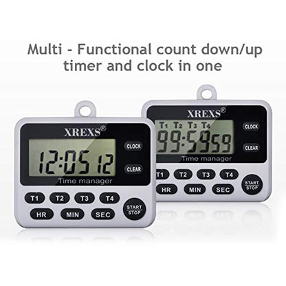 XREXS 4 Channel Digital Kitchen Timer Clock with Large LCD Display | 4 Groups Simultaneous Timing Countdown Up Pocket Timer, Magnetic Attachable (Battery Included)
