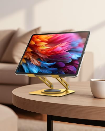 LOXP Adjustable Tablet Stand, 360 Rotating with Heavy-Duty Base - Gold | Perfect for Travel, Desk, Office, 4.7-16.9" Device, iPad Pro Air Mini, Kindle, Surface Tablet, Portable Monitors - color: Gold