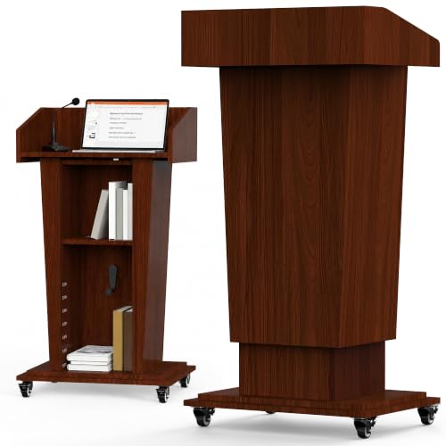 Tredre Wooden Podium Stand with Wheels, 41”–54.5” Height Adjustable Lectern - color: Dark Brown
