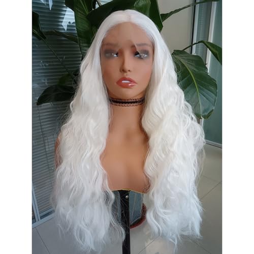 RONGDUOYI RDY 24" White Lace Front Synthetic Wig Loose Water Wave Heat Fiber Hair Natural Looking Long Wavy Lace Front Wigs for Women Half Hand Tied Wig Cosplay Daily Use Hair - color: White