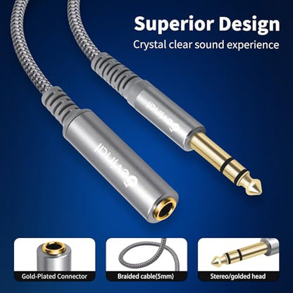 1/4 inch Headphone Extension Cable, 6.35mm TRS Male to Female Stereo Cord, Quarter Inch Guitar Cable Extender, 20ft (6 Meters) - color: Silver 6M/20FT
