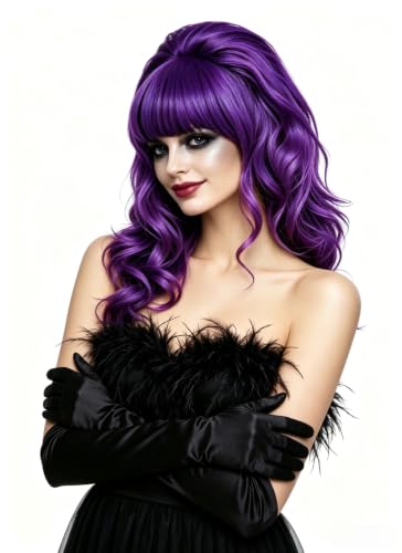 Rugelyss Long Wavy Purple Mixed Black Wigs for Women Fashion Synthetic Full Head Hair Wig with Bang and Bun for Cosplay Costume or Halloween Party - color: purple black