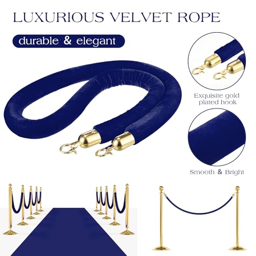 Nuogo 6 Pack Blue Velvet Stanchion Rope, 5 Feet Velvet Rope with Gold Hook | Safety Rope Off Barrier, Crowd Control, 1.2 IN in Diameter,Event Weddings Graduation Theaters Grand Opening Hotel - color: Blue