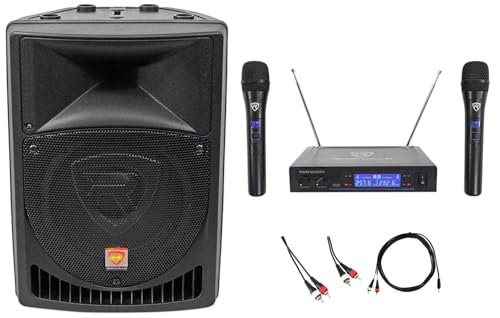 Rockville Pro Karaoke System Bundle: RPG8 8" 400W Powered PA Speaker with RWM1203VH VHF Wireless Mic System, RNRMR10 3.5mm to RCA & RCDR10B Cables, for iPad/iPhone/Android/Laptop/TV, 4 Items