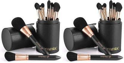 OMANIAC Makeup Brush Set Professional, 12 Pearlescent Wood Handle Makeup Brushes, Premium Cruelty-Free Synthetic Fiber Hair, Travel Make up Brushes Set with Case (Black). (Pack of 2) - color: Rose Gold and Black, size: 12pcs (Pack of 2)