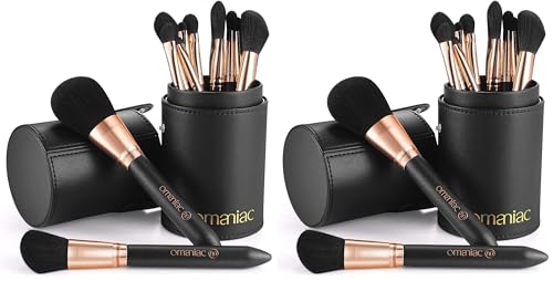 OMANIAC Makeup Brush Set Professional, 12 Pearlescent Wood Handle Makeup Brushes, Premium Cruelty-Free Synthetic Fiber Hair, Travel Make up Brushes Set with Case (Black). (Pack of 2) - color: Rose Gold and Black, size: 12pcs (Pack of 2)