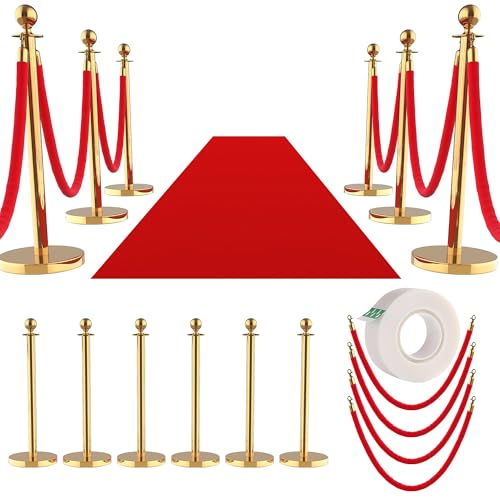6 Pack Stanchions Set with 4 Velvet Ropes, Stainless Steel Crowd Control Barriers for Party, Wedding, Event Supplies – Gold - size: with Red Carpet
