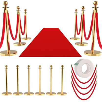 6 Pack Stanchions Set with 4 Velvet Ropes, Stainless Steel Crowd Control Barriers for Party, Wedding, Event Supplies – Gold - size: with Red Carpet