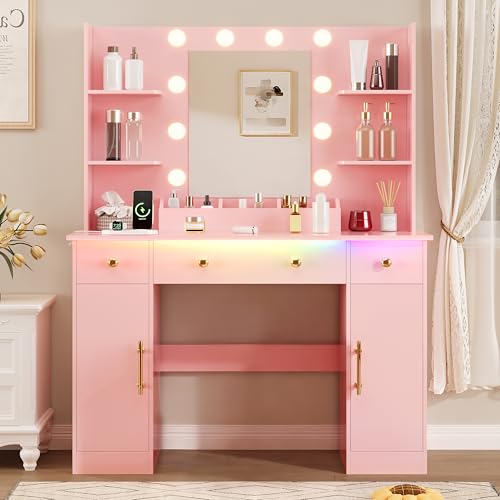 HUANLEGO Vanity Desk with Mirror and Lights, Makeup Vanity with Mirror and LED Lights & Power Outlet, 3 Drawers and Cabinets, 3 Lighting Modes Dressing Table Set for Girls Women Bedroom,Pink - size: 43.7x15.7x57.6 in, style: Pink