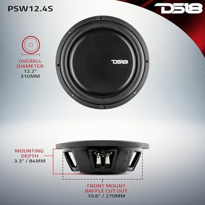 DS18 PSW12.4S 12" Shallow Mount Subwoofer 1200 Watts Max Power 600 Watts RMS Single Voice Coil 4 OHMS Water Resistant - Best Sub for Tight Spaces in Car & Trucks - 1 Speaker - style: 12" Single Voice Coil 4 Ohm