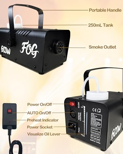 Fog Machine, Smoke Machine with Wireless&Wired Remote Control for Parties Halloween Wedding and Stage Effect, 600W