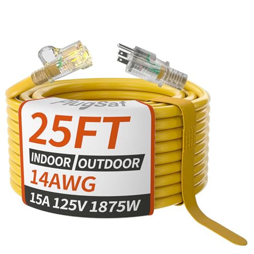 PlugSaf 14/3 AWG 25 FT Extension Cord, Heavy Duty Extension Cord, Yellow - color: Yellow, size: 25FT