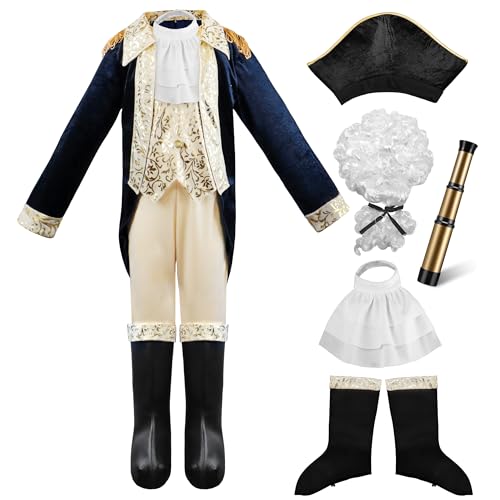 IKALI Kids George Washington Costume With Wig and Hat Accessories, Boys Children Hamilton American Colonial Day Outfit - size: 10-12 Years