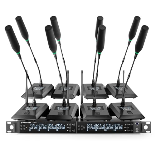 Phenyx Pro 8-Ch UHF Auto Scan Wireless Conference Microphone System PTC-8 | 8 x 25 Frequencies, 328 ft, IR Sync, Mute, 8 Gooseneck Mics for Lecture, Church, Podium, Public Speaking, Meeting, Classroom