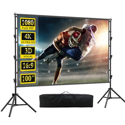 120 inch Projector Screen with Stand,HUANYINGBJB Indoor Projection Screen, Portable 16:9 4K HD Rear Front Movie Screen with Carry Bag for Theater Backyard Movie Night,Cinema School, Churches - color: white, size: 120 inches diagonal
