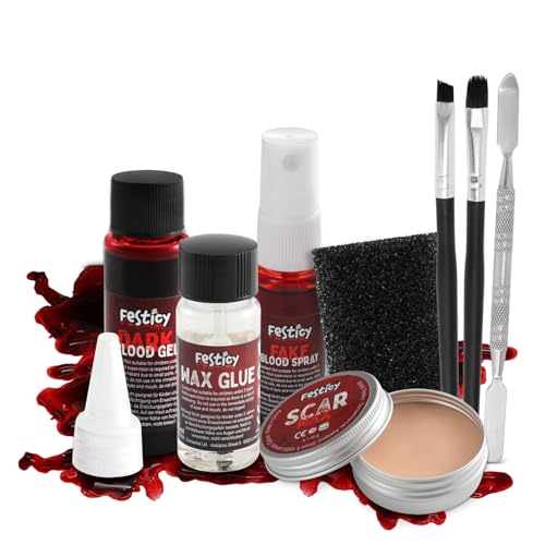Festicy Halloween SFX Makeup Kit 2024 I Washable Fake Blood, Scar Wax, Fake Blood Spray I Perfect for Halloween Blood I Halloween makeup kit, Zombie makeup kit, Vampire makeup kit, Vampire blood