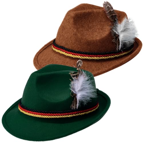 Spooktacular Creations Oktoberfest Hats, 2 PCS German Oktoberfest Costume Accessories Set, Green Brown Felt Fedora Retro Hats for Adults Bavarian Alpine Halloween Dress Up, RolePlay Party - color: Green+brown