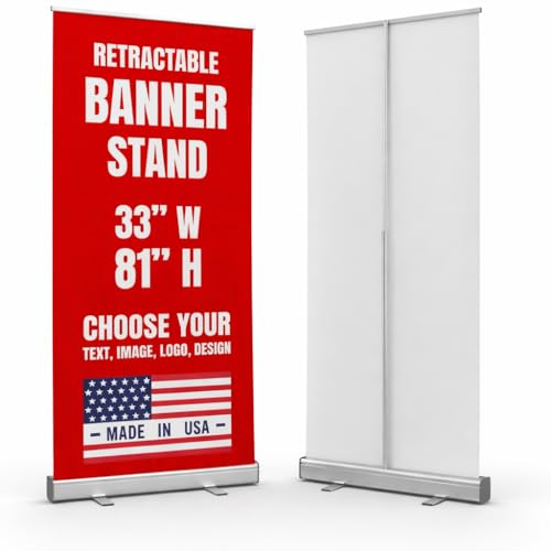 Custom vertical banner stand by Custom Boss retractable stand USA Made | Custom pop up banner stand 33x81 for trade show display, vendor booth display and grand opening banner, adjustable base - color: Retractable Banner