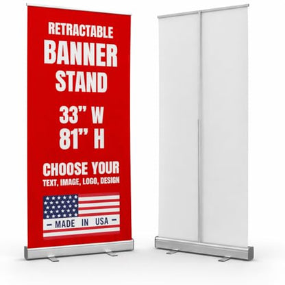 Custom vertical banner stand by Custom Boss retractable stand USA Made | Custom pop up banner stand 33x81 for trade show display, vendor booth display and grand opening banner, adjustable base - color: Retractable Banner