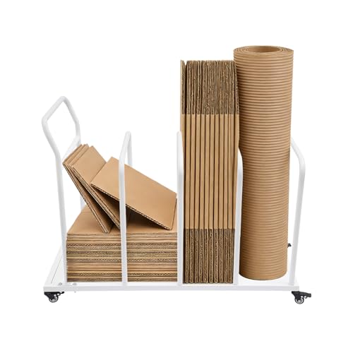 Carton Cart Stand, Carton Storage Rack with Caster Wheels & 4 Removable Divider Posts, Heavy Duty Cardboard Organizer Metal Cardboard Box Stand for Studio Supermarket Garage Warehouse Shop (White)