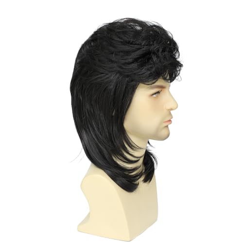 Men's Mullet Wig, 80s Black Rocker Style Wig for Men, Synthetic Long Hair Wig, Suitable for Halloween, Cosplay, Theme Parties and Daily Wear (Black) - color: m57-Black
