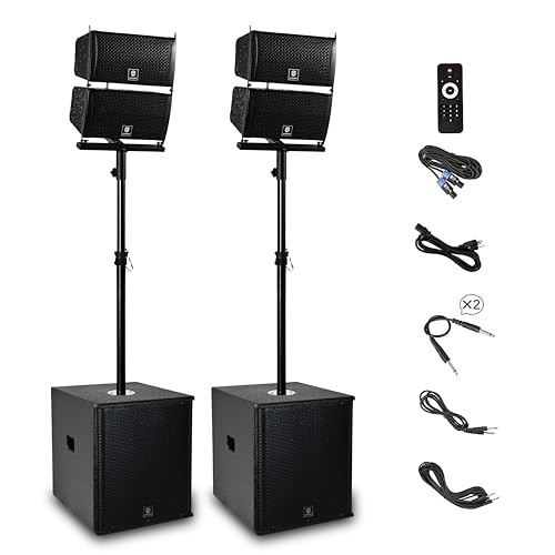 RECK 6000W P.M.P.O Stereo 15-inch Powered PA Speaker System DJ Combo Set, 4 Line Array Speakers and Two 15 inch Subwoofers with Bluetooth/USB/SD Card/Remote Control for Party DJ Wedding Meeting