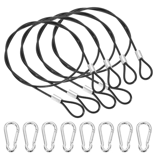 PATIKIL 20 Inch Safety Cable Lock, 4 Pcs 304 Stainless Steel Security Wire Ropes Double Loop Anti-Theft Safety with 8 Spring Buckles for Bicycles Luggage Stage Lighting, Black - color: Black, size: 20 Inch