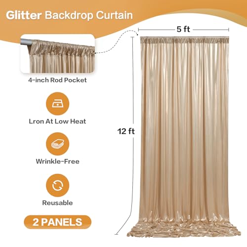 gogoparti 10x12FT Champagne Sequin Backdrop Curtain-2 Panels of 5x12FT Wrinkle-Free Glitter Drapes for Photography, Birthdays, Weddings & Graduations - color: Champagne, size: 5FT x 12FT(2 panels)