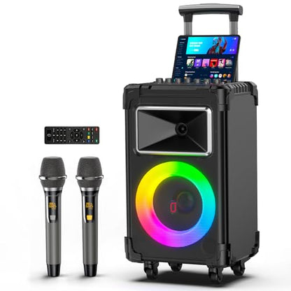JYX Karaoke Machine with 2 Wireless Mics, 10" Woofer 500W Peak Power Big Portable Bluetooth Speaker with Bass/Treble Adjustment, PA System with Remote Control, LED Lights, Rolling Wheels and Trolley - color: Black