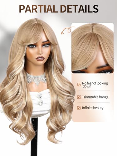 WIGER Long Wavy Hair With Bangs Flaxen Mix Blonde Curly Wigs | 26 Inch Synthetic Layered Wavy Hair for Women Daily or Halloween Cosplay Party Wigs - color: Blonde Highlight