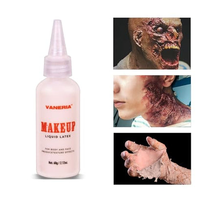 VANERIA Halloween Vampire Makeup Sfx Kit,Liquid Latex+Scar Wax+Fake Blood Capsules+Vampire Fangs+Scar Oil+Painting Brushe+Spatula+Stipple Sponge,Special Effects Makeup Kit Professional
