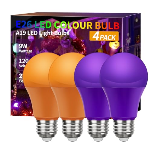 Halloween Light Bulbs, Purple Orange Light Bulbs, A19 E26 Base, 9W - color: Orange Purple, size: 4 Count (Pack of 1)