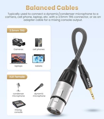 Tisino XLR to 3.5mm Balanced Cable Adapter, Gold-Plated XLR Female to 1/8 inch Mini Jack Aux Mono Audio Cord for Shotgun or Condenser Microphones - 1ft (Pack of 2) - size: 1ft (Pack of 2)