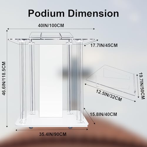 Acrylic Church Pilpits with Wheels, 46'' Church Podium with 15 Colors RGB LED Lights,Podium Stand Lecterns Pulpits for Church, Wedding, Concert Speech, Classroom (40”L*17.7”W *46.6”H) - size: 40”L*17.7”W *46.6”H