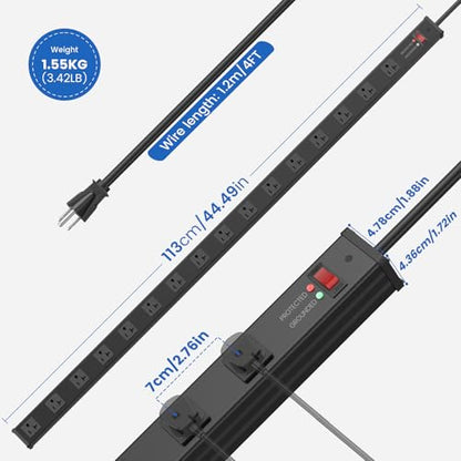 JUNNUJ Long 16 Outlet Power Strip Surge Protection 4800J, Wide Spaced Industrial Heavy Duty Outlets with 20Amp Switch, High Amp Extension Cord 6-20R T-Slot 4FT Black - size: 4FT