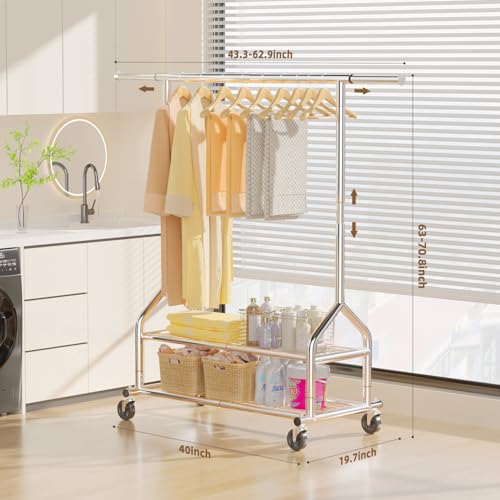 EAGMAK Heavy Duty Clothes Rack Load 556 LBS, Rolling Clothing Rack With Shelves, Height Adjustable Metal Clothes Hanger with Wheels Portable Wardrobe Organizer Garment Rod for Hanging Clothes (Silver) - color: Silver, style: 2 Shelves