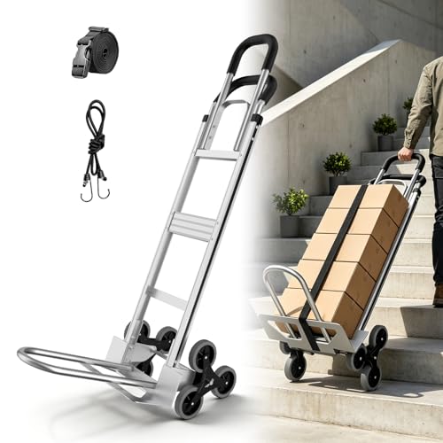 Aluminum 2 in 1 Hand Truck Dolly Cart with 6 Wheels, 600 Lbs Capacity, Heavy Duty Stair Climbing Dolly with Dual Handles, Bungee Cord & Strap for Flat Ground & Stairs, Warehouse, Home, Office, Silver - color: Silver-1