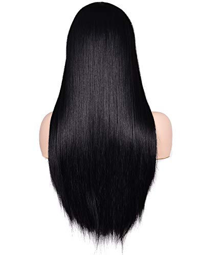 morvally Women's 26" Long Straight Black Synthetic Resistant Hair Wigs with Bangs Natural Looking Wig for Women Halloween Cosplay - color: Black