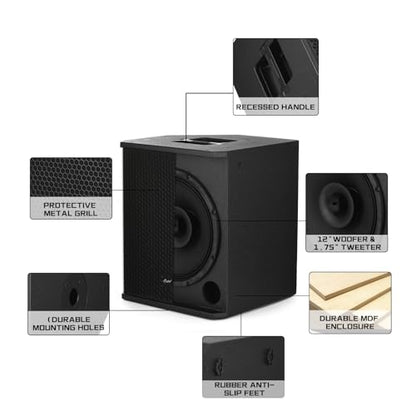 EXOTON B-12 Powered PA Speaker - 12" Coaxial Active Monitor 800W Class D Amp with DSP, 3-Band EQ,TWS,Full-Color Display for Monitoring, DJ(AC Powered)