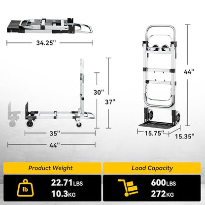 3-in-1 Convertible Dolly Cart, 600LBS Heavy Duty Hand Truck Dolly | Collapsible Cart with Adjustable Handle Angle & Expandable Base, for Luggage, Cartons, Warehouse, Office, Black - size: Middle-Black