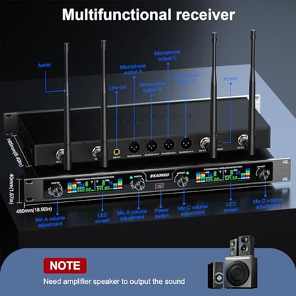 Aokeo Wireless Microphones System, 4 Channel UHF Wireless Mics,with 4 Handheld Dynamic Microphones,Metal Receiver for Karaoke,Singing,Wedding,Party,Speech - color: Brown