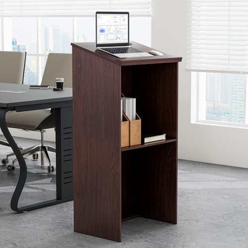 Tangkula Floor Standing Podium, Wooden Speaking Lectern Hostess Stand with 2-Tier Shelves & Dual Cable Holes, Standing Lectern Desk for Meeting Room, School, Churches, Auditorium, Classroom