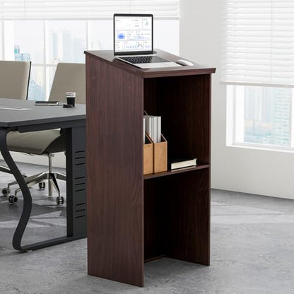 Tangkula Floor Standing Podium, Wooden Speaking Lectern Hostess Stand with 2-Tier Shelves & Dual Cable Holes, Standing Lectern Desk for Meeting Room, School, Churches, Auditorium, Classroom