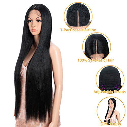 Style Icon 36" Lace Front Wigs Super Long Yaki Straight Wig With Baby Hair 130% Density Synthetic Wig (36 Inches, 1B)
