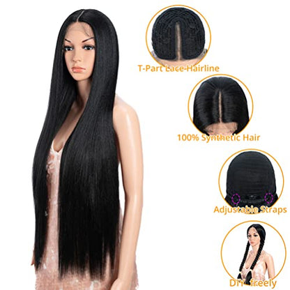 Style Icon 36" Lace Front Wigs Super Long Yaki Straight Wig With Baby Hair 130% Density Synthetic Wig (36 Inches, 1B)