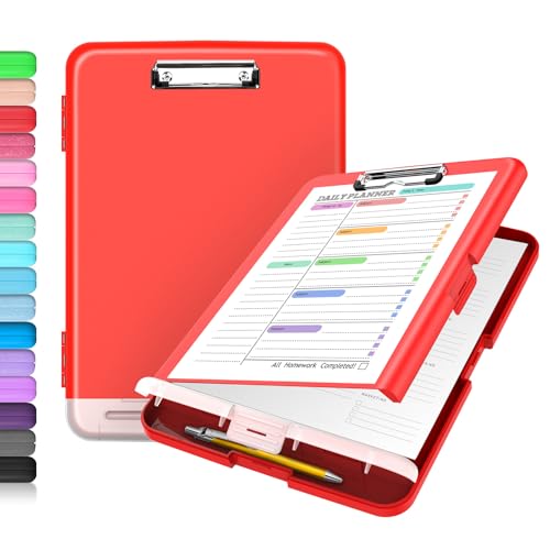 Sooez Clipboard with Storage, Clip Board 8.5 x 11 with Pen Holder, Plastic Organization Case Box for Letter Legal A4 Size Paper, Low Profile Clip, Nurses Teachers Must Haves, School & Office Supplies - color: Red